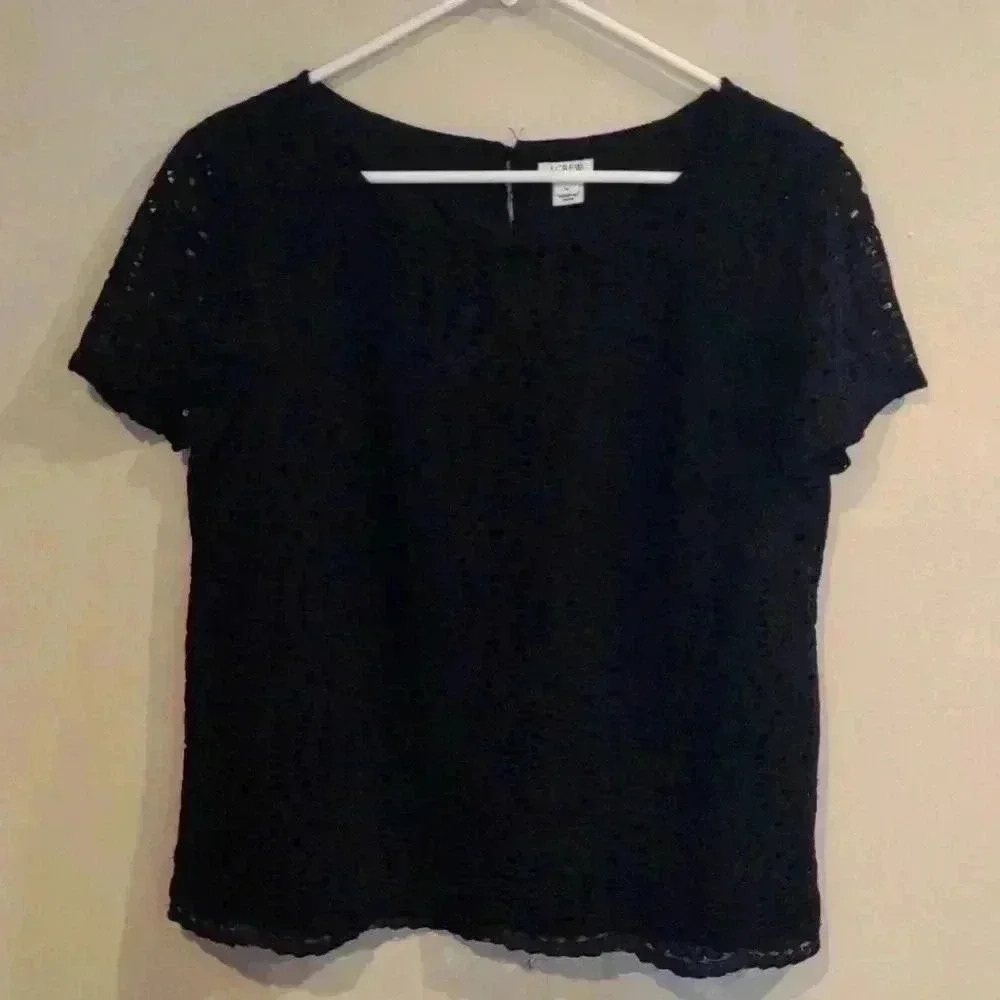 J.Crew Womens 10‎ Short Sleeve Lace/crochet black Lined  Blouse
